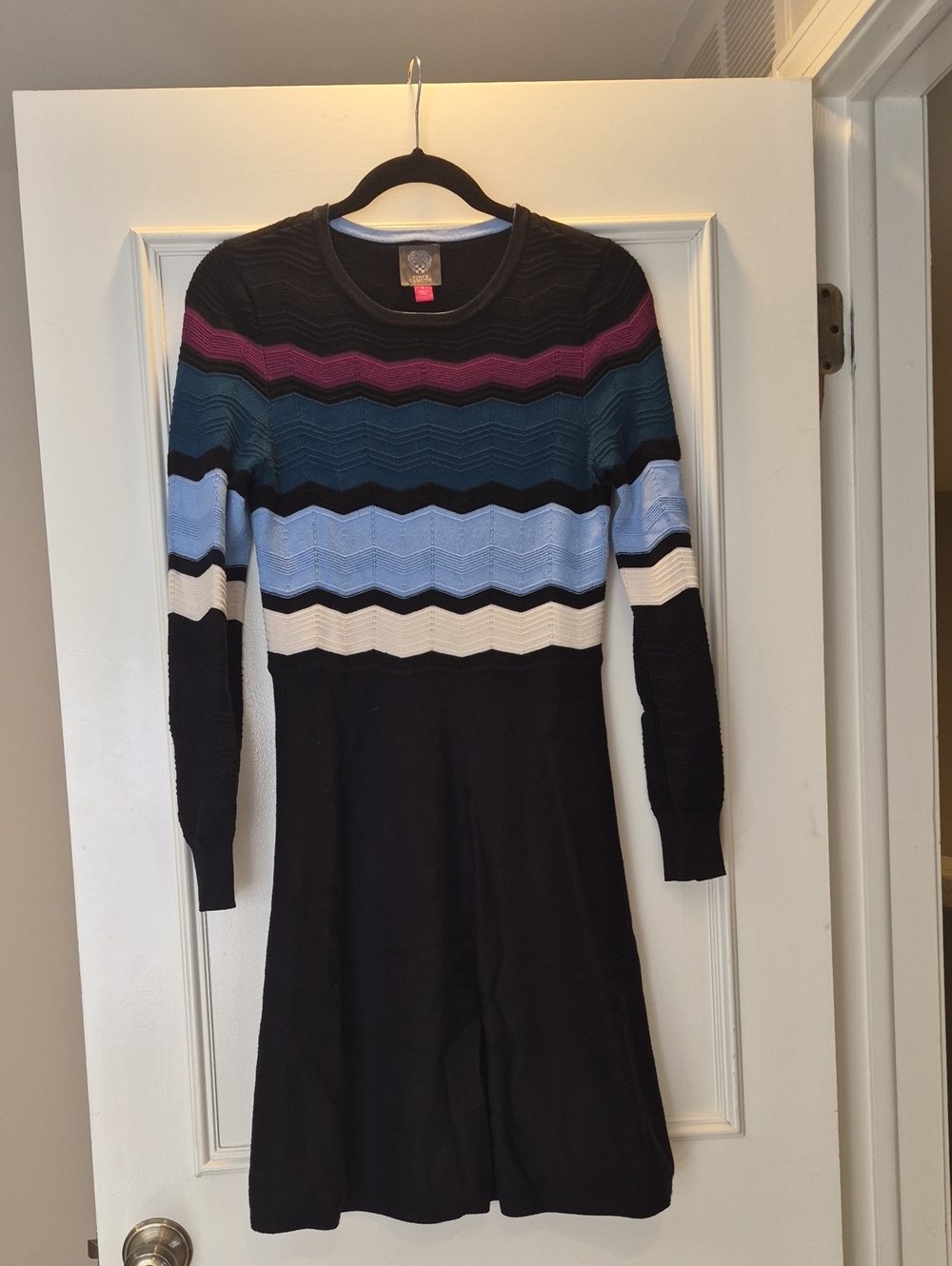 Vince Camuto Black Crewneck Sweater Dress with Striped Chevron Colors